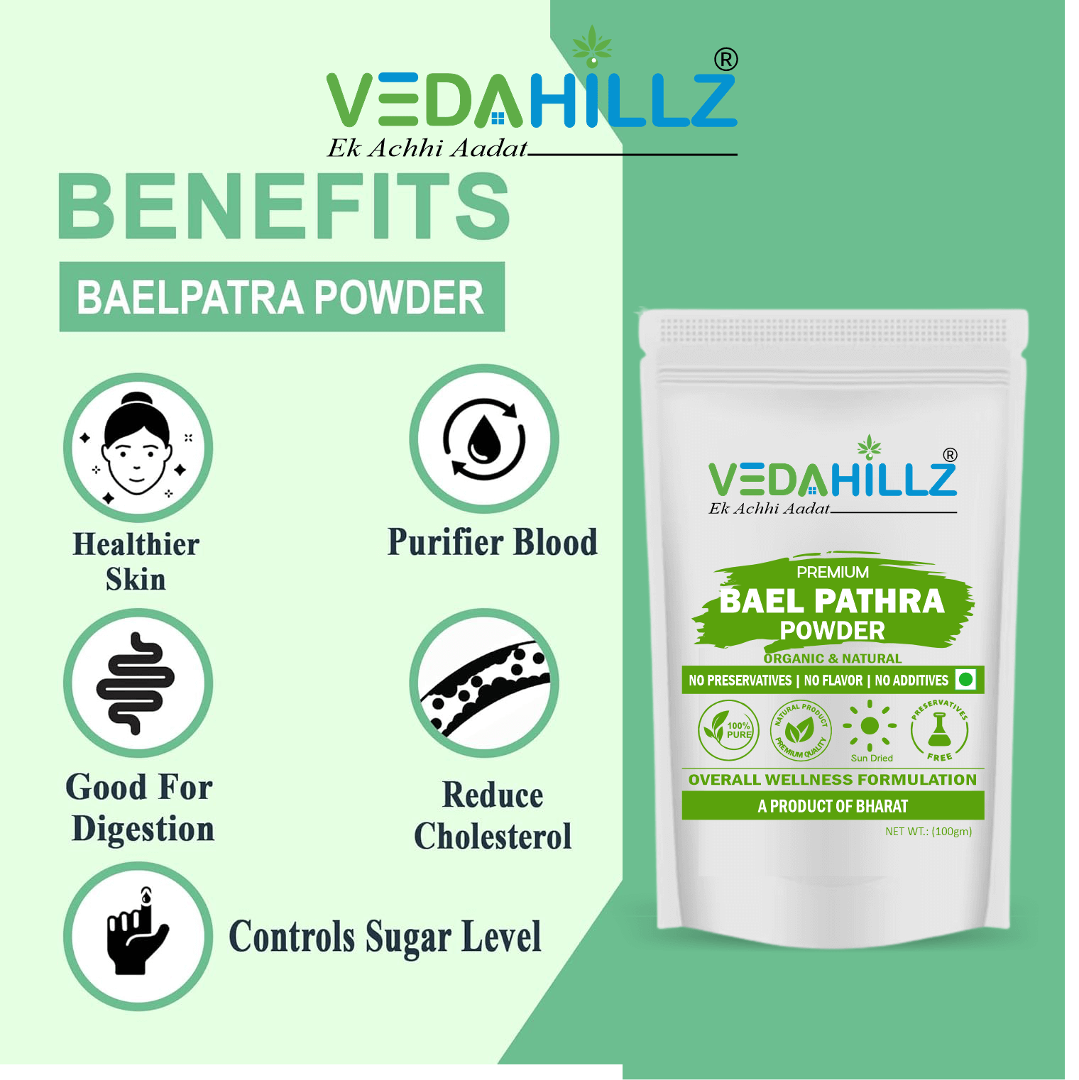 Vedahillz Beal Patra Powder for Natural Wellness and Immunity Made from Selected Bael Leaves